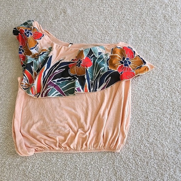 Free People Annka Peach Floral Print One-Shoulder Linen Blend Bubble Top Size L - Picture 8 of 13